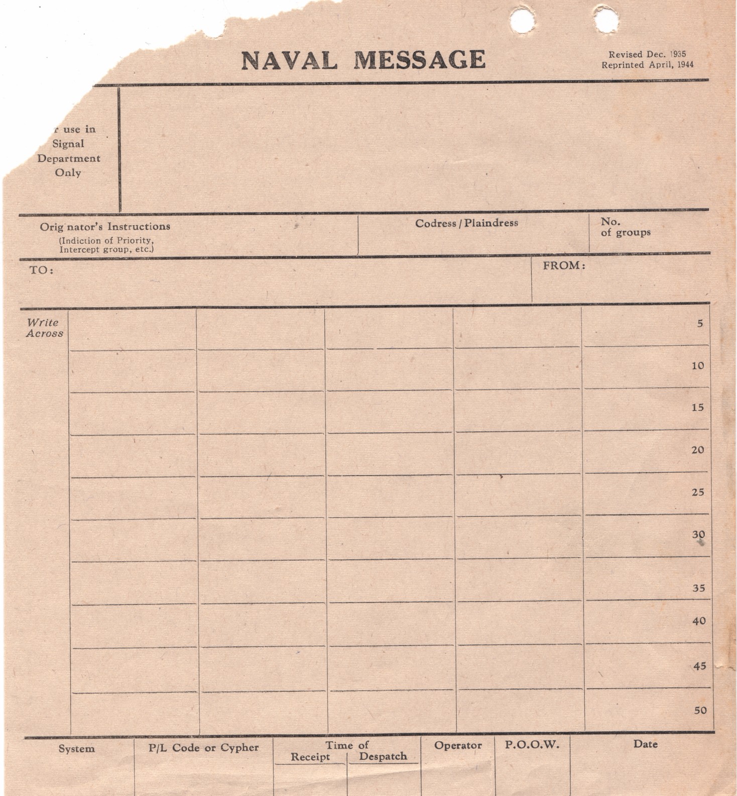 Naval Message Form April 1944